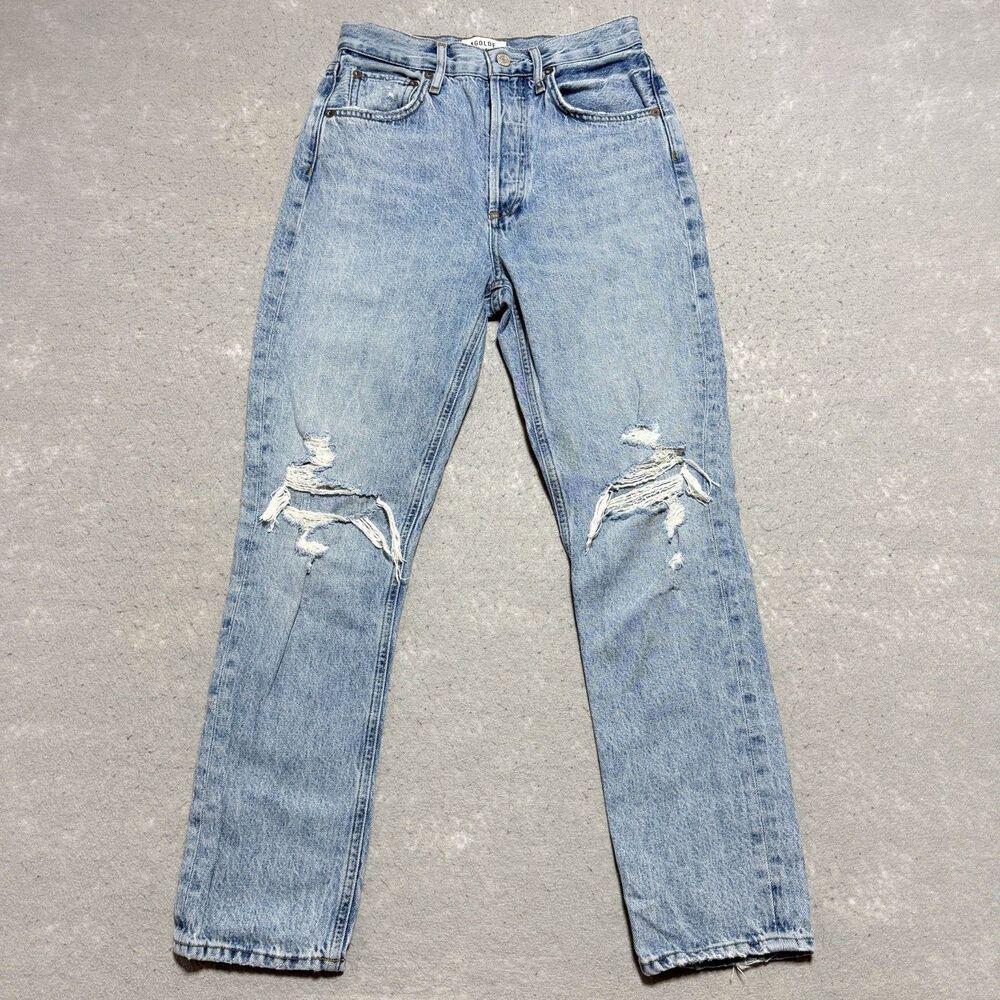 AGOLDE Riley High Rise Slim Leg Distressed Jeans Light Wash Button Fly Sz 24